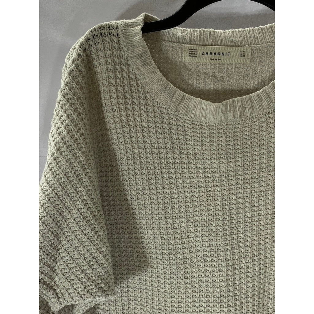 ZARA KNIT Women's Beige Crewneck Knit Dropped-Sleeves Sweater SZ M