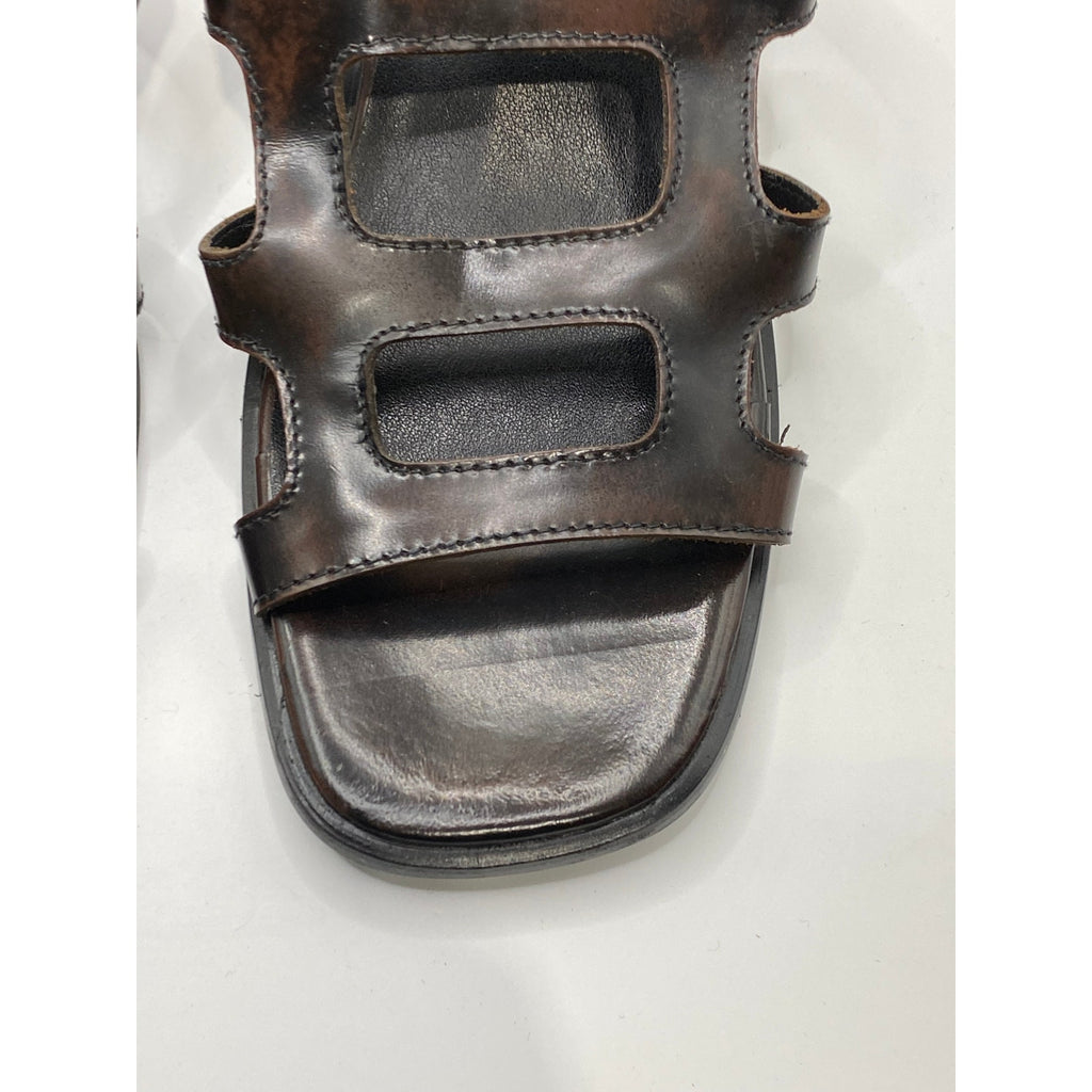 STEVE MADDEN Women's Brown Leather Square-Toe Block-Heel Slide Sandals SZ 7