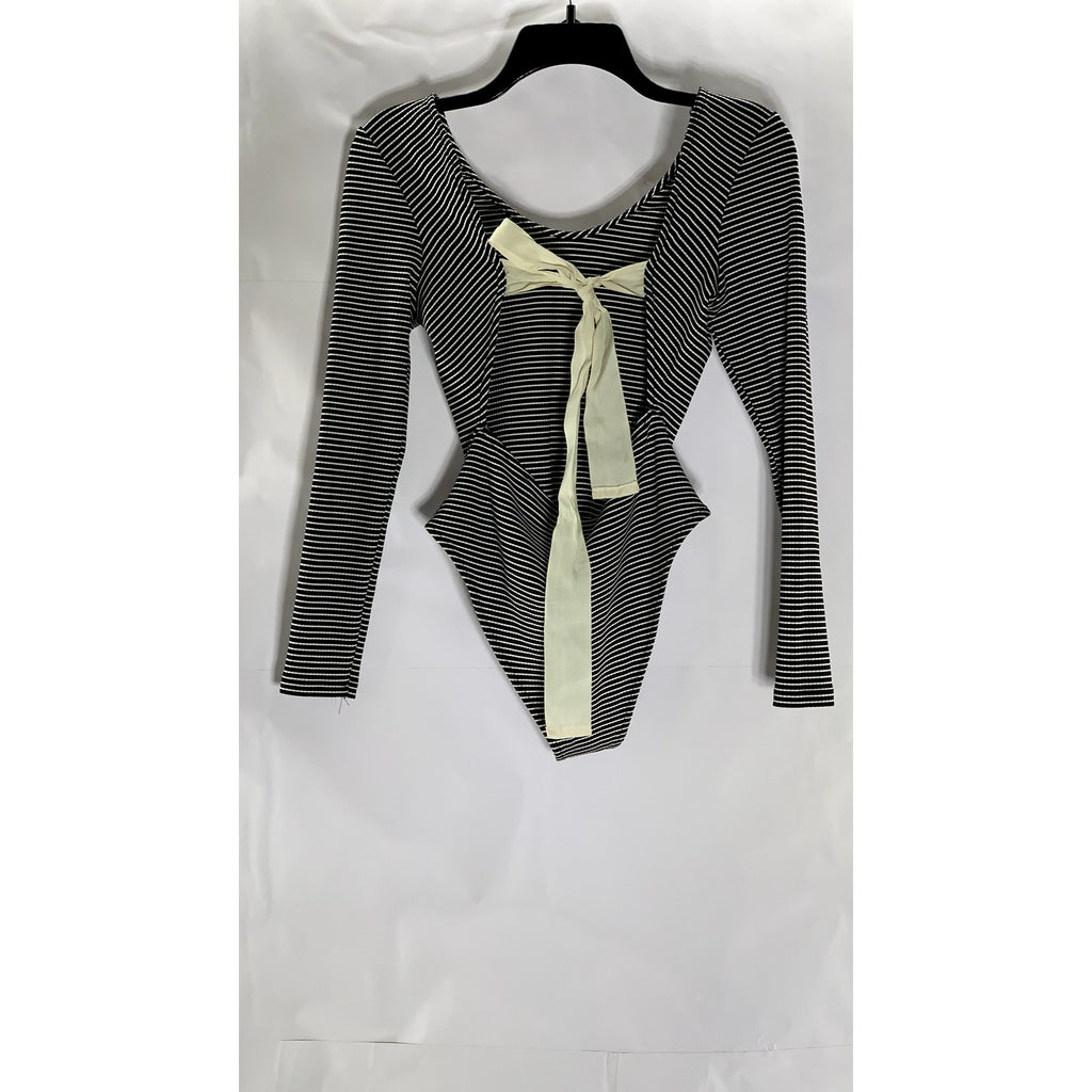 TOPSHOP Women's Black-White Striped Tie-Back Bow Long Sleeve Bodysuit SZ 8