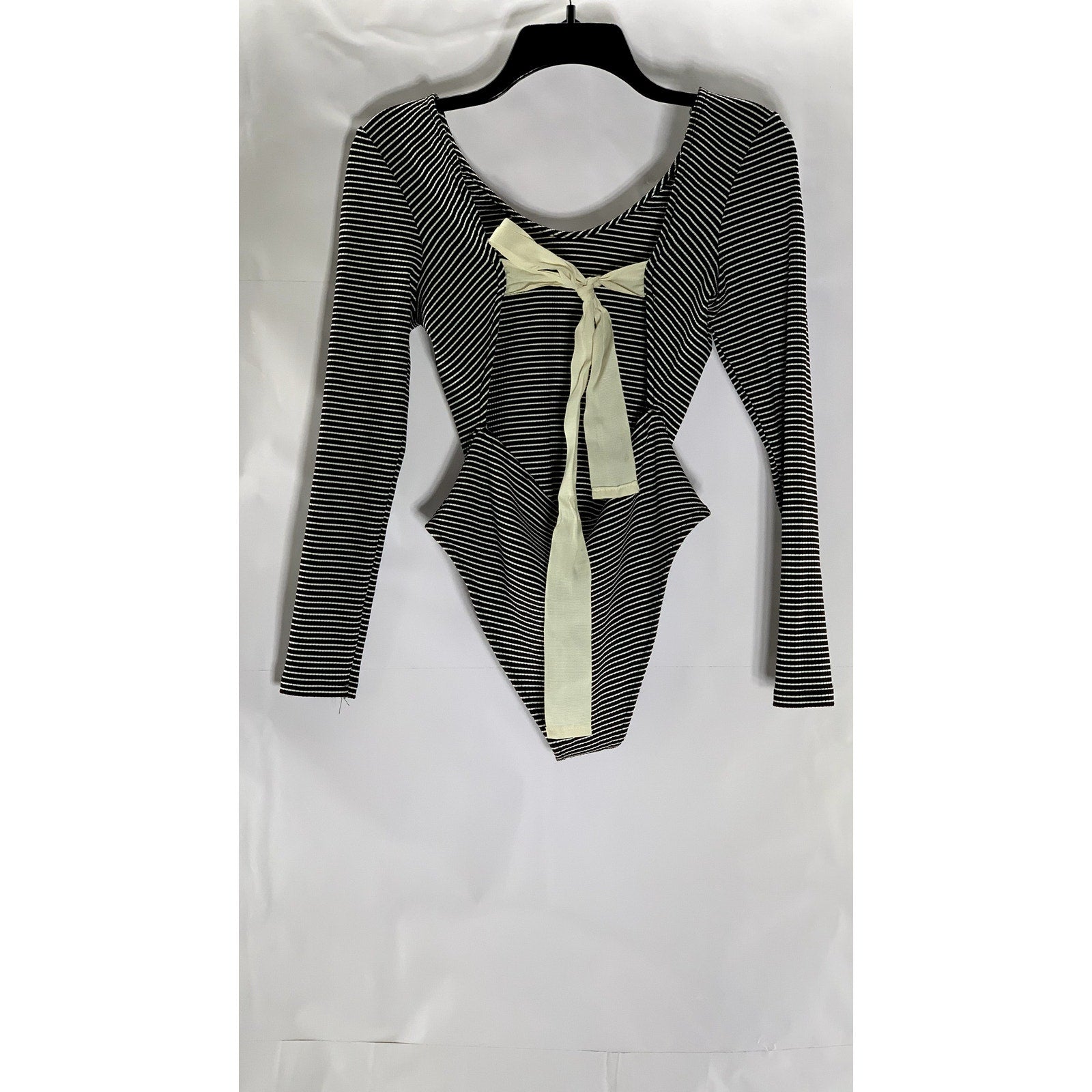 TOPSHOP Women's Black-White Striped Tie-Back Bow Long Sleeve Bodysuit SZ 8
