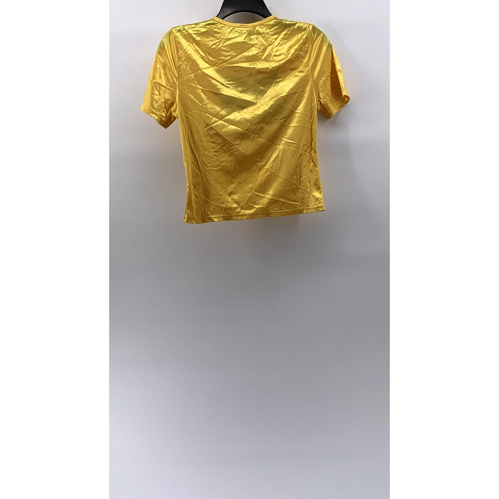 COOLWEAR USA Women's Yellow-Black Shiny Crewneck Short Sleeve Cropped Top SZ L
