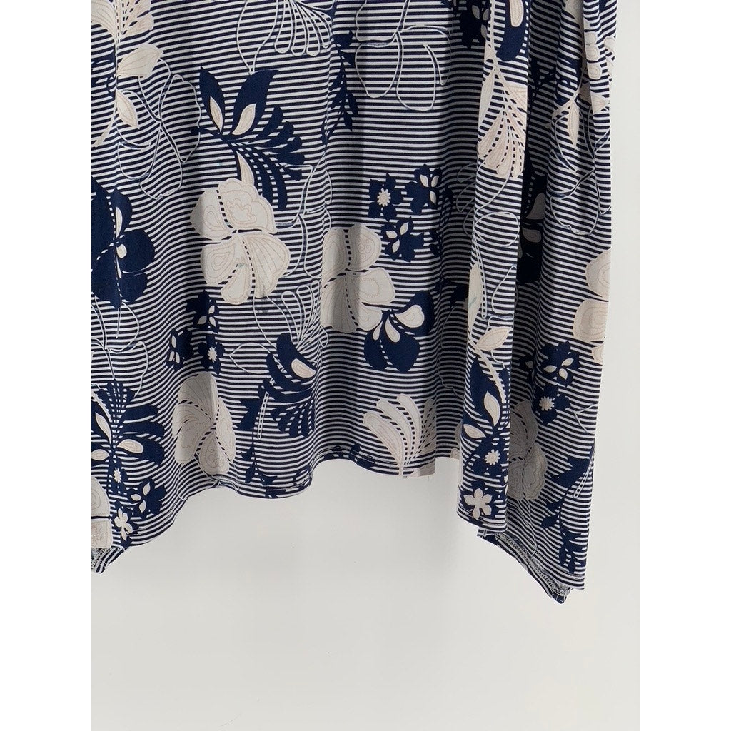 AVENUE Women's Plus Navy Floral Striped Scoop-Neck Short Sleeve Top SZ 26/28