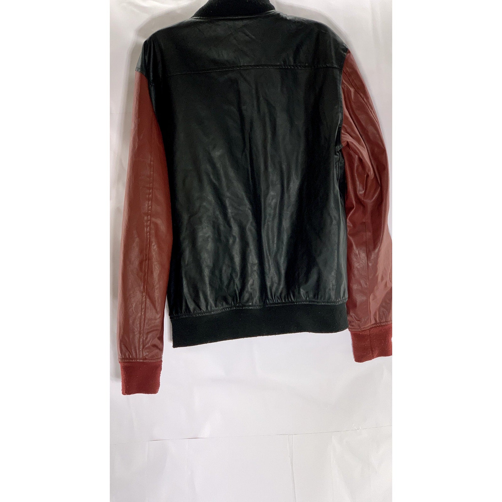 GENUINE PX Men's Vintage Black/Red Colorblock Faux-Leather Zip-Up Jacket SZ S