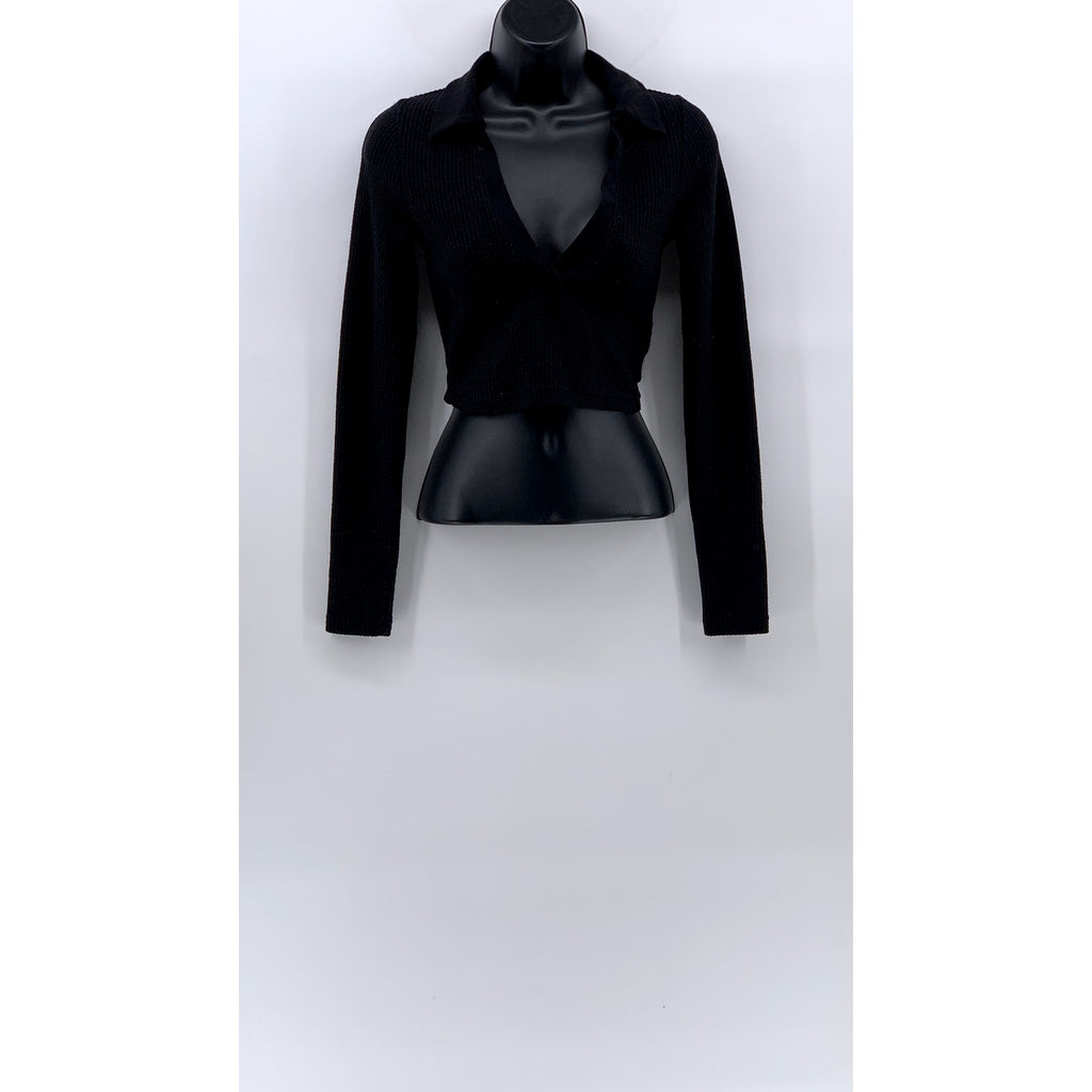 DIVIDED By H&M Women's Black Ribbed Split-Neck Long Sleeve Cropped Polo Top SZXS