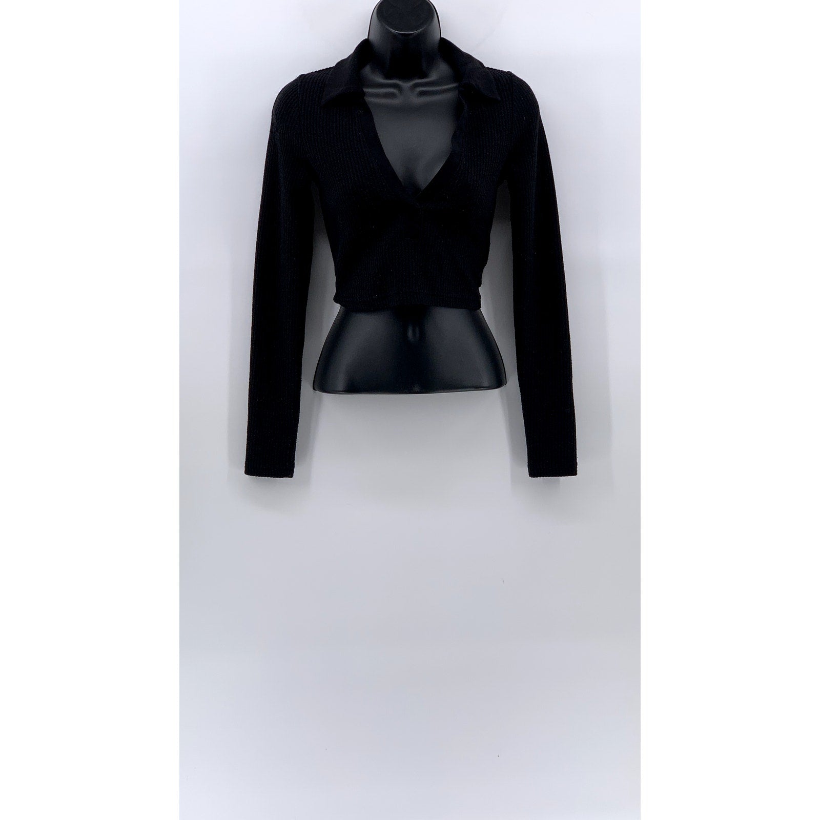 DIVIDED By H&M Women's Black Ribbed Split-Neck Long Sleeve Cropped Polo Top SZXS