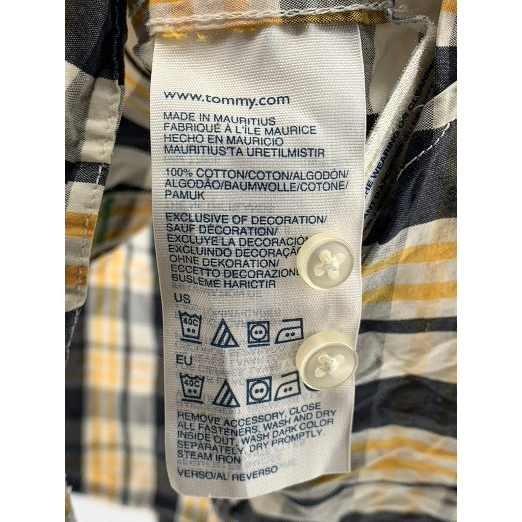 TOMMY HILFIGER Men's Blue-Yellow Plaid Custom Button-Up Long Sleeve Shirt SZ M