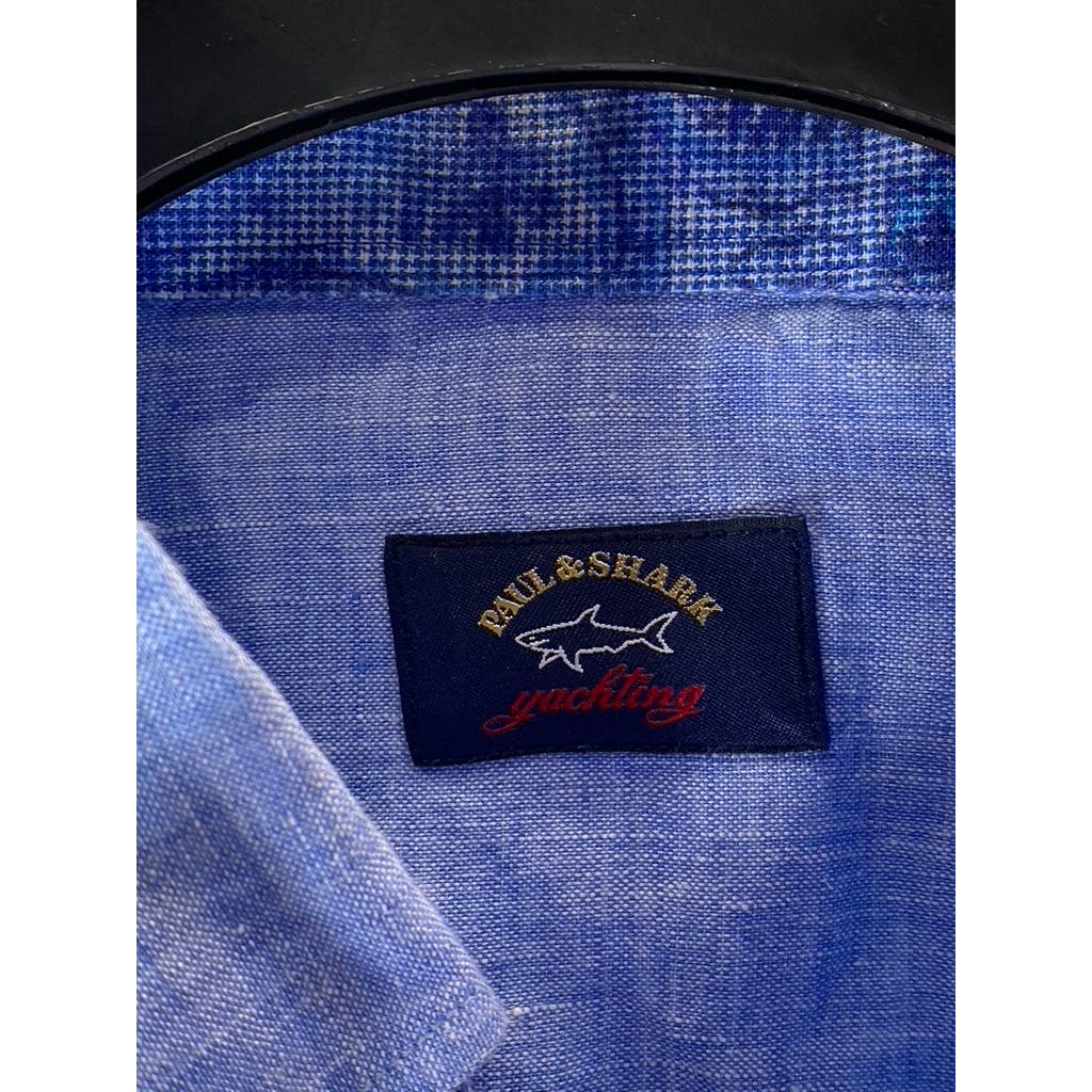 PAUL & SHARK YACHTING Men's Tall Blue Linen Button-Up Short Sleeve Shirt SZ 1XT