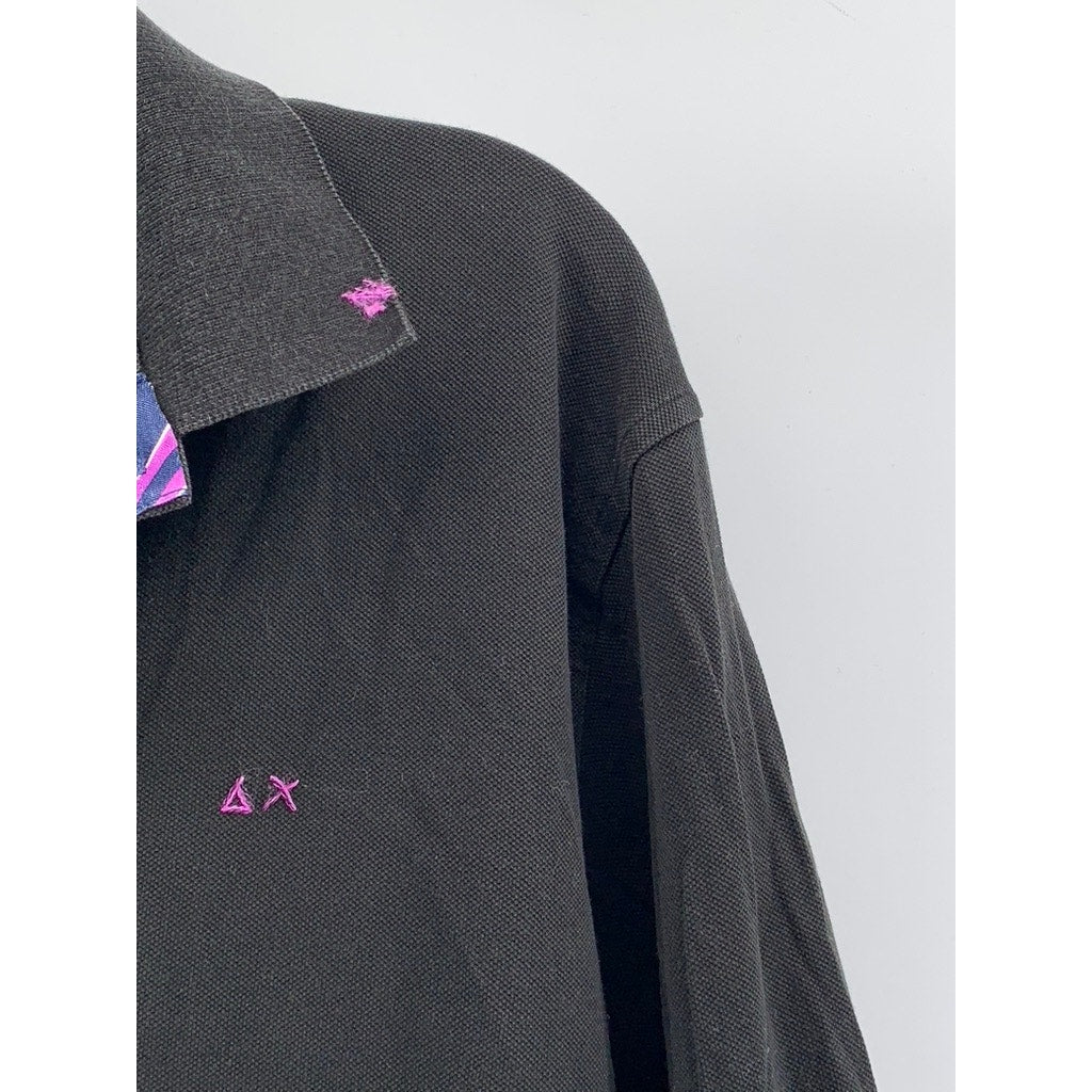 SUN68 Men's Black Textured Casual Long Sleeve Polo Shirt SZ L