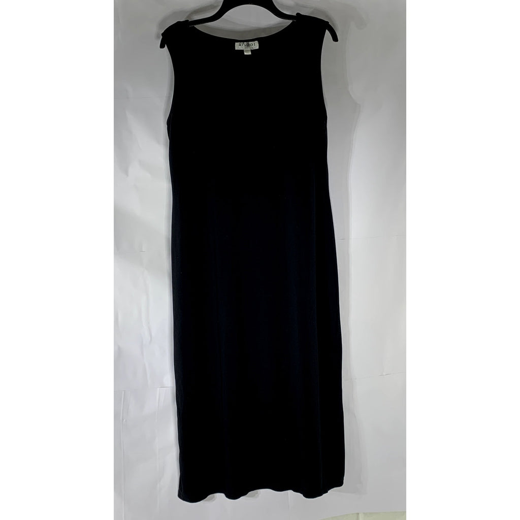 STUDIO I Women's Black Scoop-Neck Sleeveless A-Line Midi Dress SZ 14