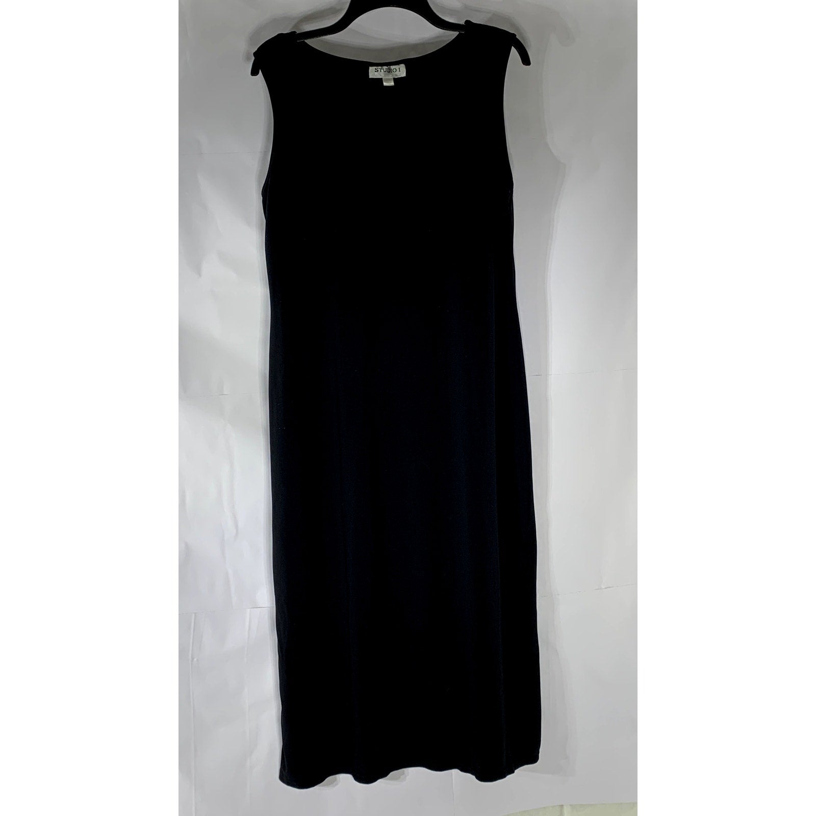 STUDIO I Women's Black Scoop-Neck Sleeveless A-Line Midi Dress SZ 14