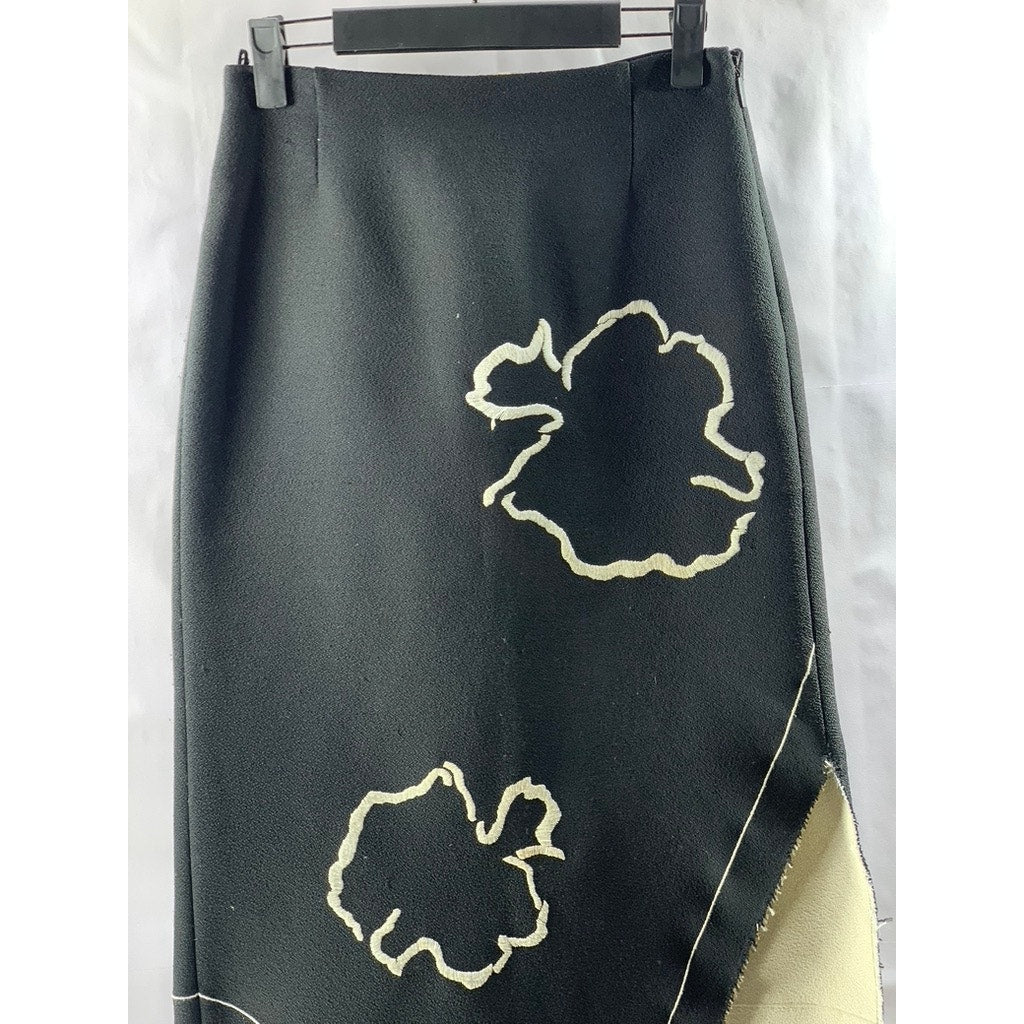 TIBI Women's Black-Beige Embroidered Leaf Asymmetrical Hem Midi Skirt SZ 00