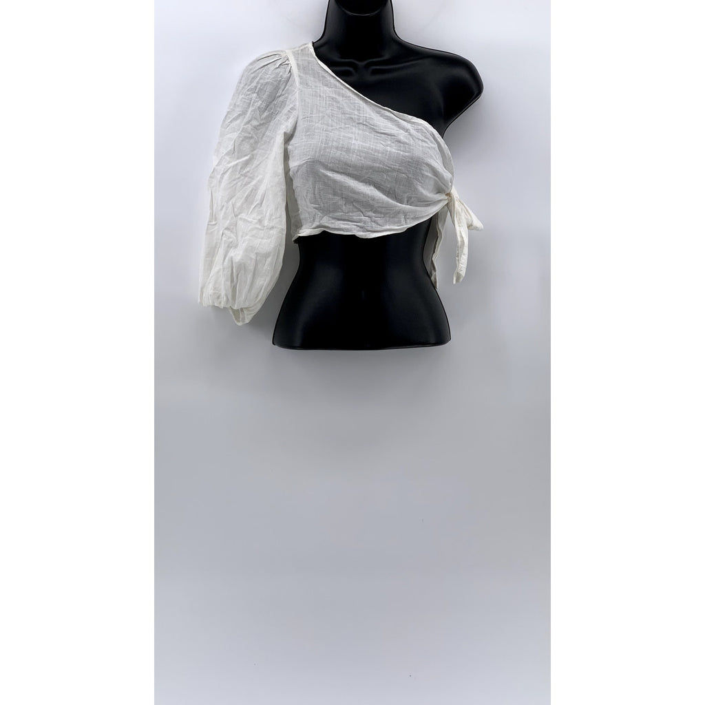 SHEIN Women's White One Shoulder Long Sleeve Side-Tie Semi-Sheer Crop Top SZ4
