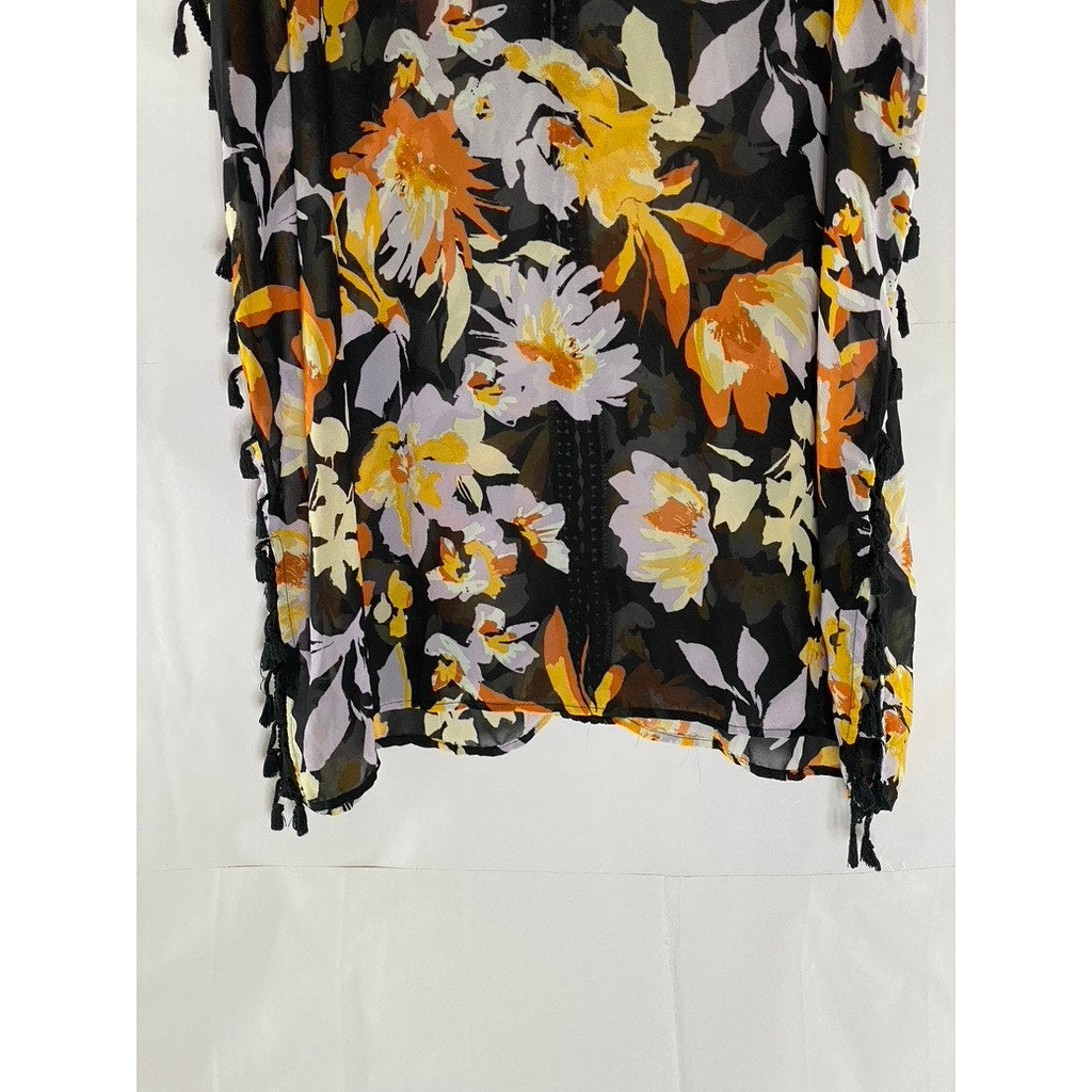 SEA ANGEL Women's Black Floral Sheer Crochet-Trim Fringe Over Shirt SZ M