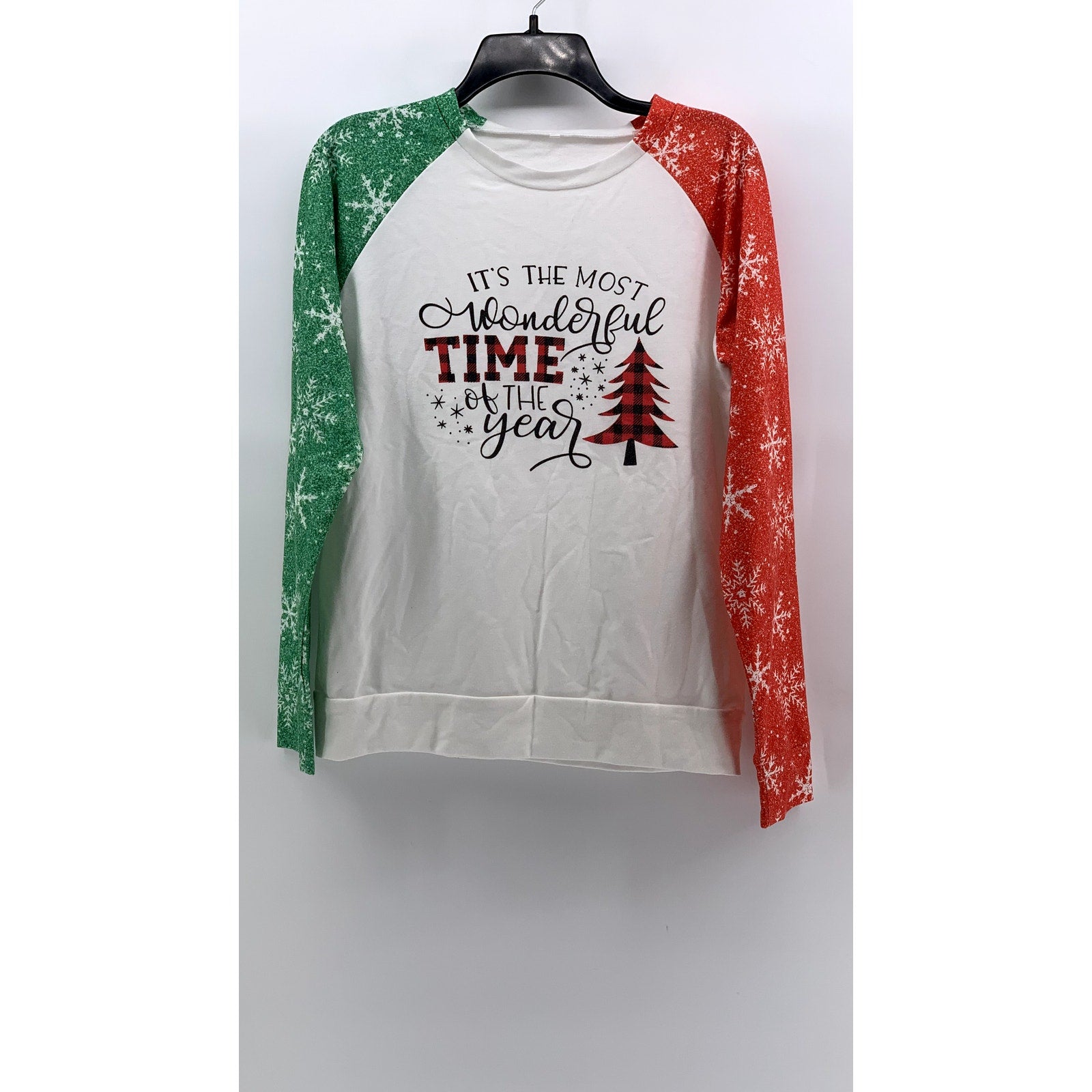 UNBRANDED Women's White-Green-Red Snowflake Long Sleeve Top SZ M