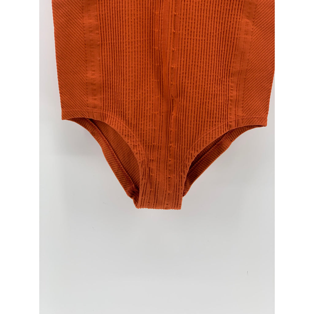 ANTHROPOLOGIE Women's Dark Orange Rib Stretch V-Neck One-Piece Bodysuit SZ XS/S