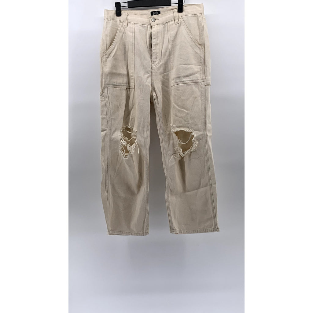SIMPLE SOCIETY Women's Beige Denim Carpenter Raw-Hem Distressed Mom Jean SZ13/31