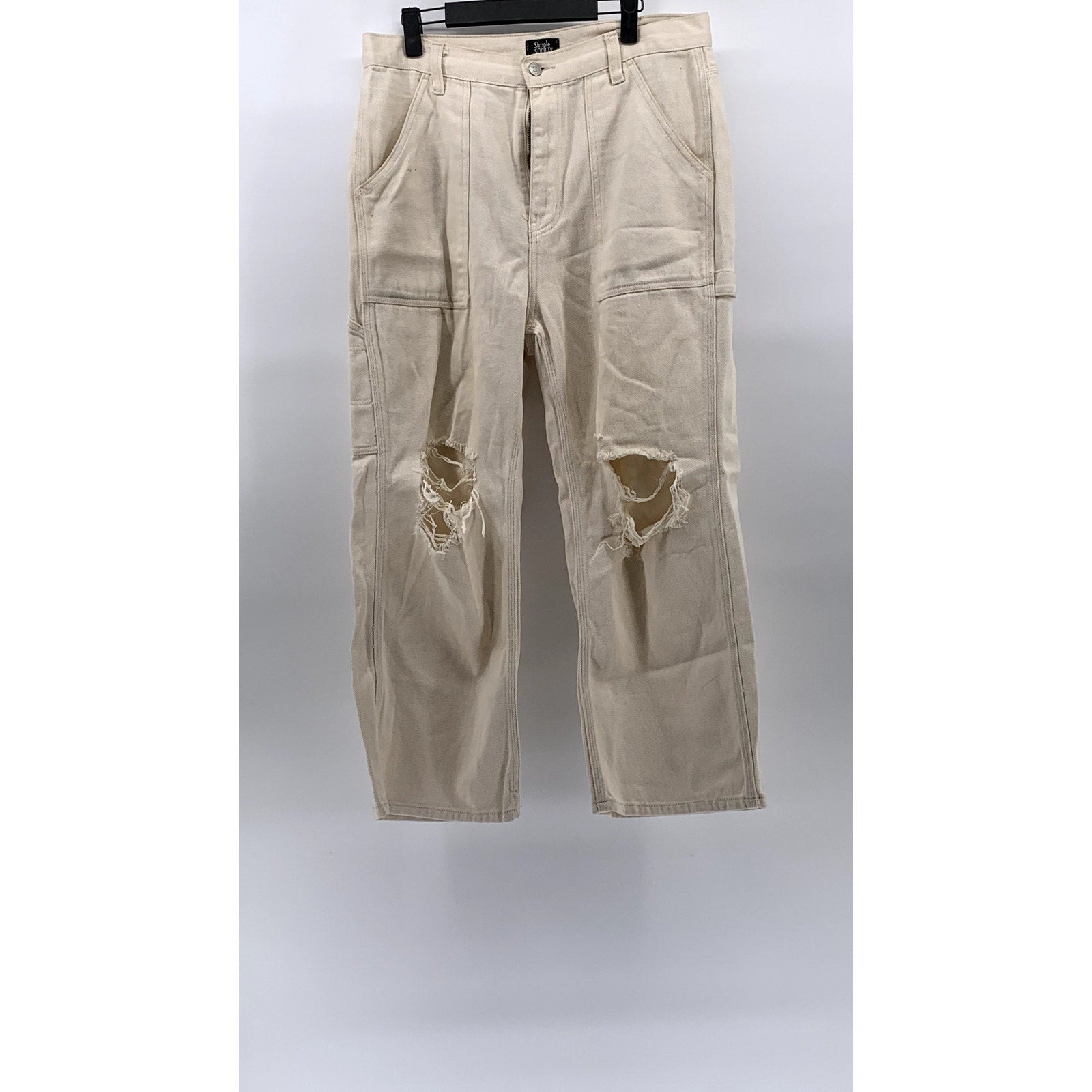 SIMPLE SOCIETY Women's Beige Denim Carpenter Raw-Hem Distressed Mom Jean SZ13/31