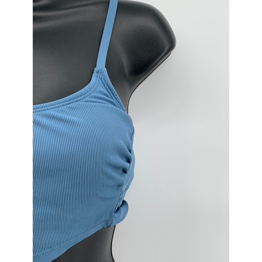 SHADE & SHORE Women's Blue Ribbed Scoop-Neck Cropped Swim Top SZ S