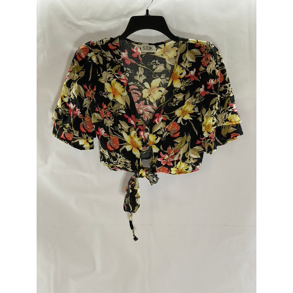 SEEK THE LABEL Women's Black Floral Tie-Front Tiered Short Sleeve Crop Top SZ XS