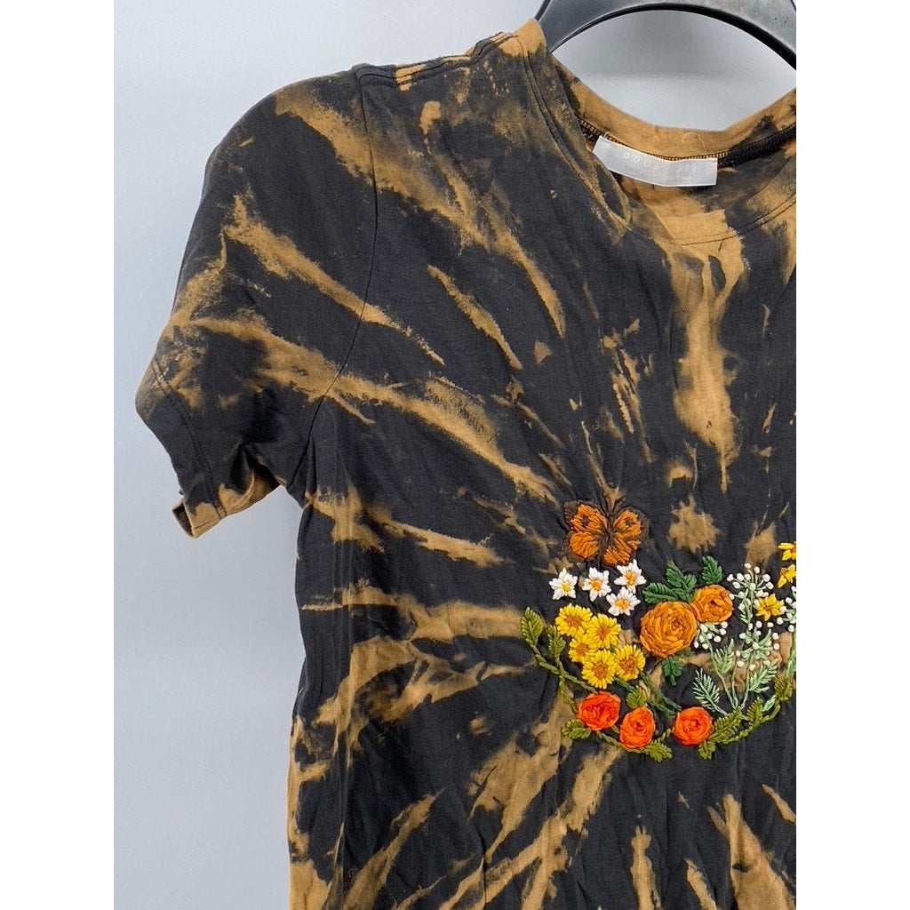 DOUBLE ZERO Women’s Black-Orange Tie-Dye Cluster Embroidered Floral Top SZ S
