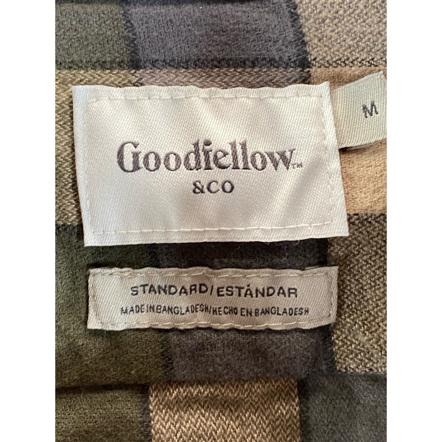 GOODFELLOW & CO Men's Green/Tan Plaid Standard-Fit Button-Up Shirt SZ M