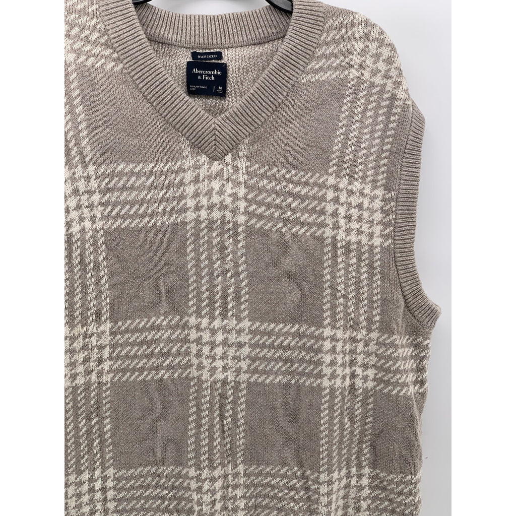 ABERCROMBIE & FITCH Women's Gray Plaid V-Neck Knit Oversized Sweater Vest SZ M