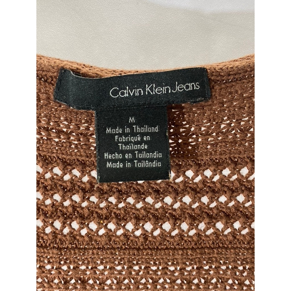CALVIN KLEIN JEANS Women's Brown Crochet Knit V-Neck Short Sleeve Top SZ M