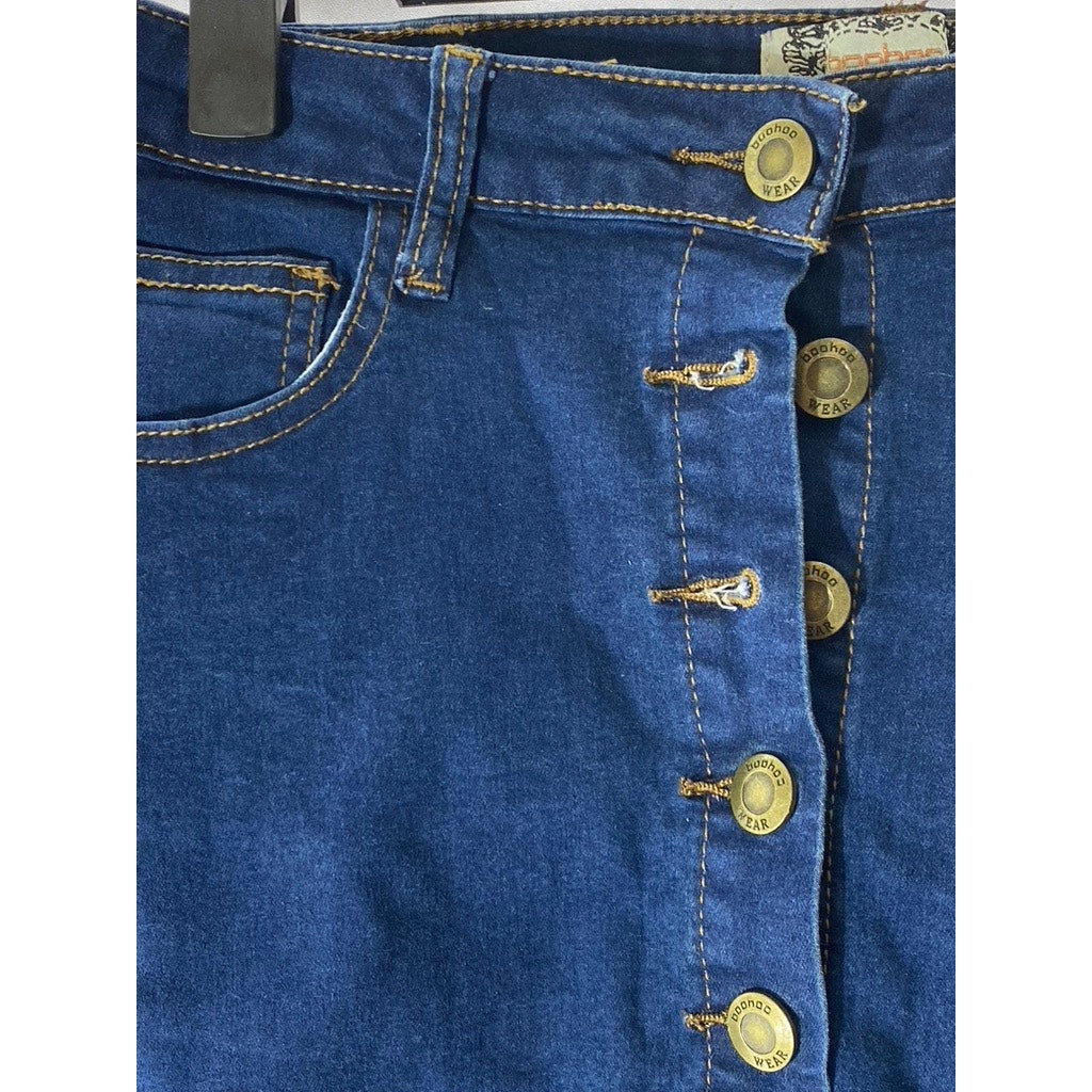 BOOHOO DENIM Women's Dark Blue Button-Front Straight Mini Skirt SZ 10
