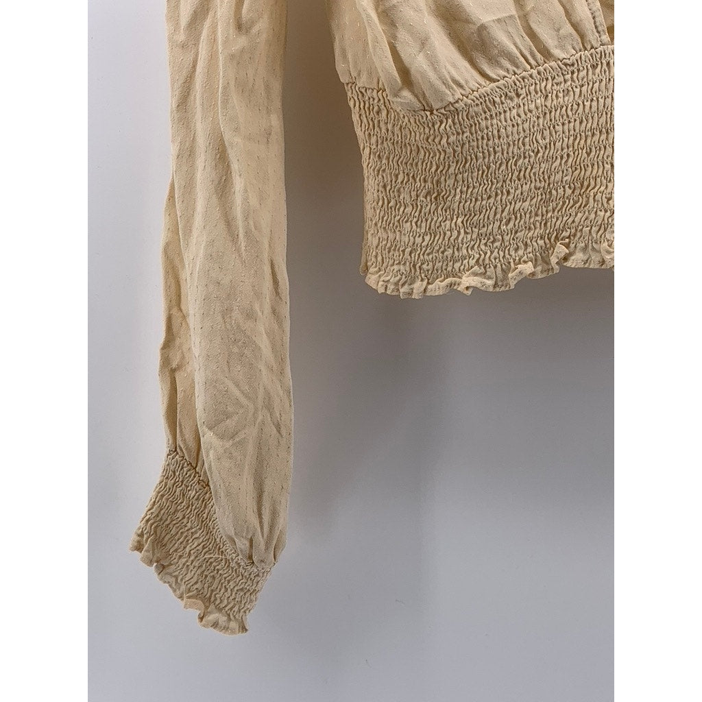 URBAN OUTFITTERS Women's Beige Ruth V-Neck Smocked Long Sleeve Cropped Top SZ M