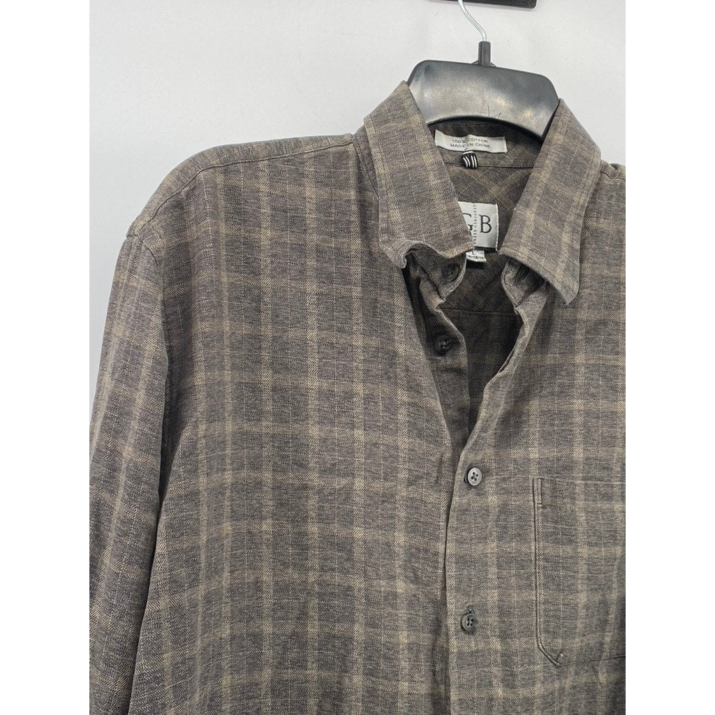 GEOFFREY BEENE Men's Brown Plaid Regular-Fit Button-Down Long Sleeve Shirt SZ L