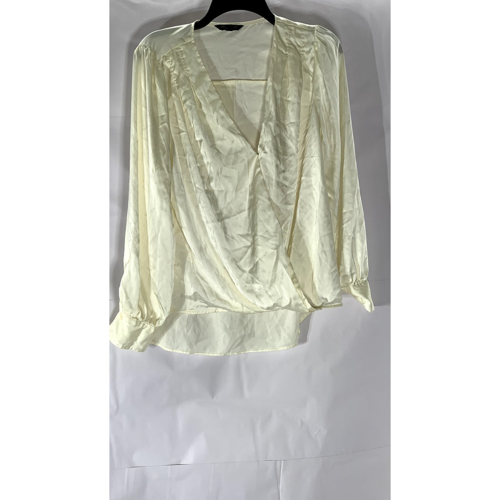 BANANA REPUBLIC Women's Cream Satin Faux Wrap Long Sleeve Hi-Low Top SZ L