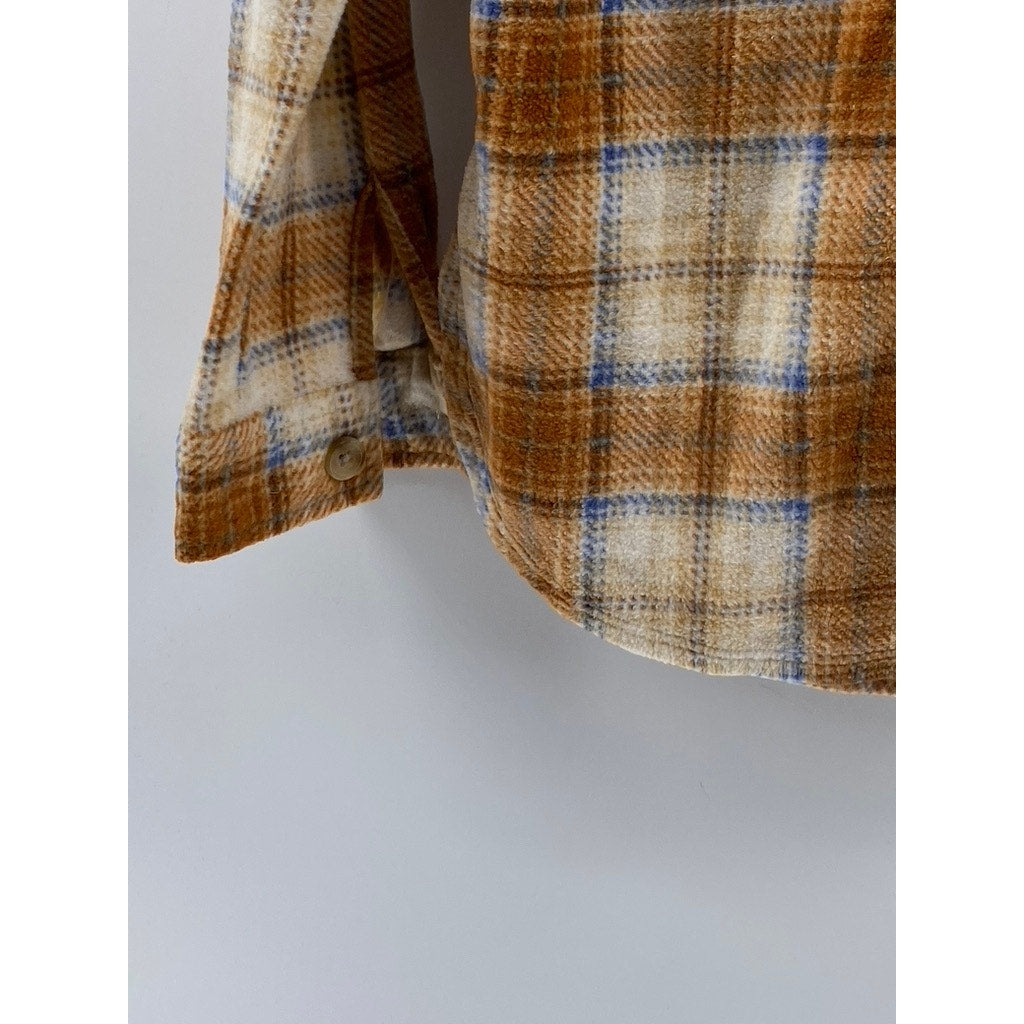 JUST POLLY NEW YORK Women's Brown-Green Plaid Colorblock Button-Up Top SZ M