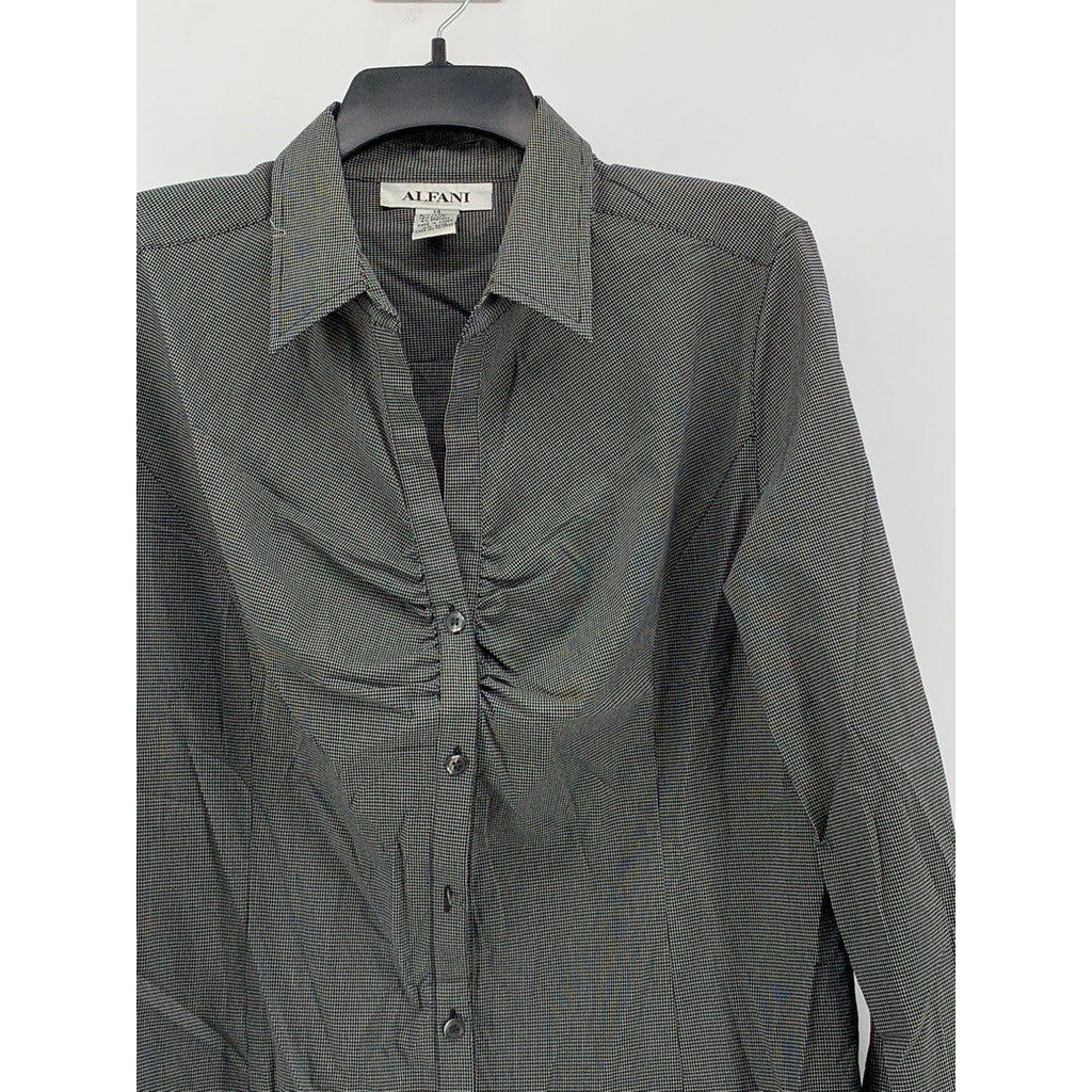 ALFANI Women's Black Houndstooth Button-Up Long Sleeve Top SZ 14