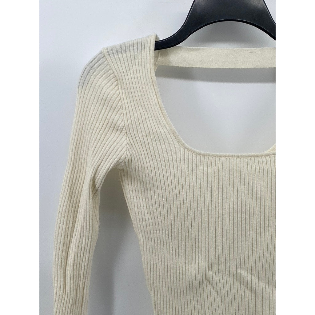 HYFVE Women’s Cream Ribbed Scoopneck Long Sleeve Cutout Top SZ S