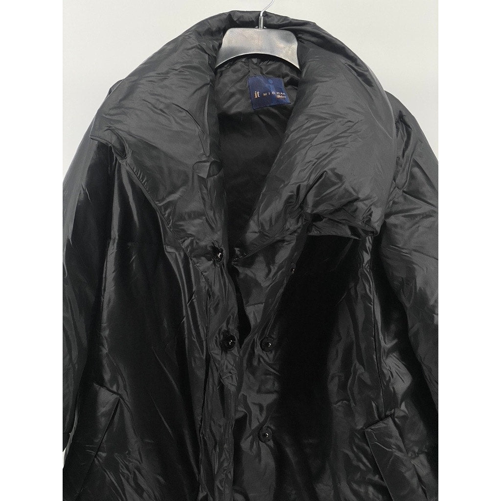 IT MICHAA Deluxe Women's Black Hooded Snap Button Long Sleeve Puffer Coat SZ S