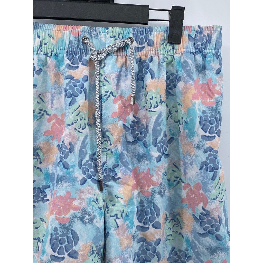 VINTAGE SUMMER Men's Light Blue Turtle Print Drawstring Mesh Swim Shorts SZ M