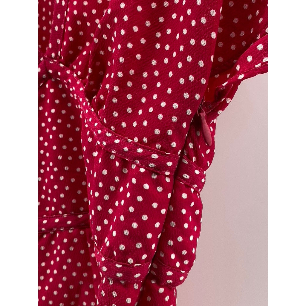 ZARA TRAFALUC Women's Pink-White Polka Dot V-Neck Flare Short Sleeve Romper SZXS