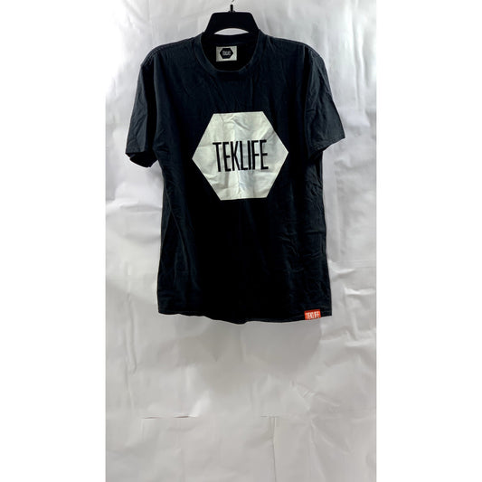TEKLIFE Men's Black-White Crewneck Hexagon Graphic Short Sleeve T-Shirt SZ M