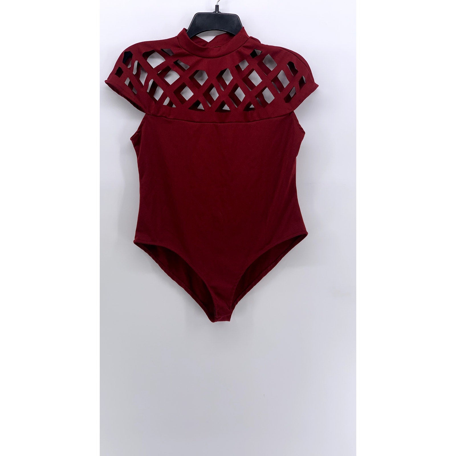 UNBRANDED Women's Burgundy Cutout Mock-Neck Cap Sleeve Bodysuit SZ XL