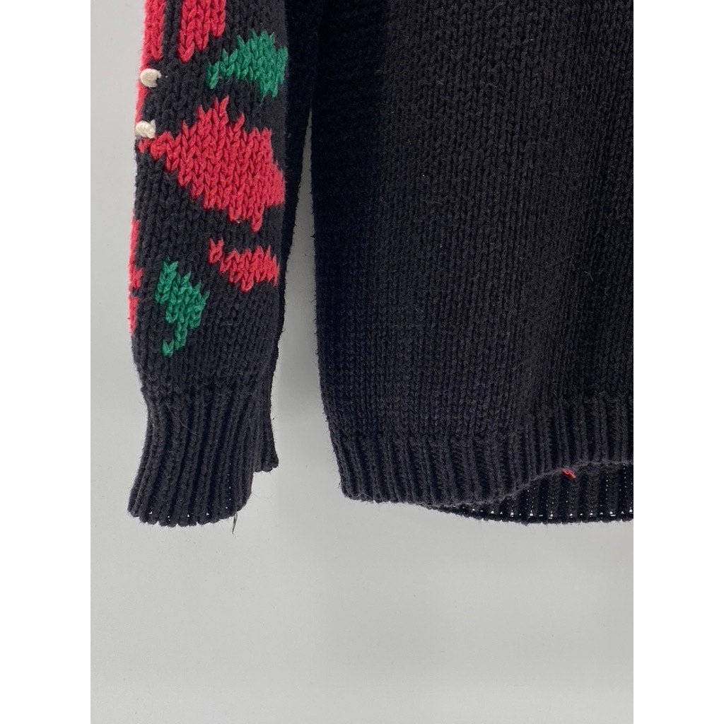 LAUREN GREY Women's Vintage Black-Red Poinsettia Knit Button-Up Cardigan SZ M