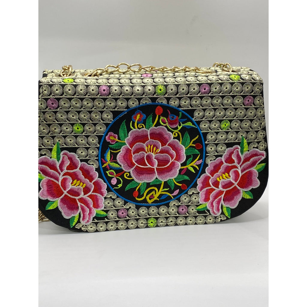 UNBRANDED Women's Black-Multi Dahlia Embroidered Flap Chain-Strap Bag