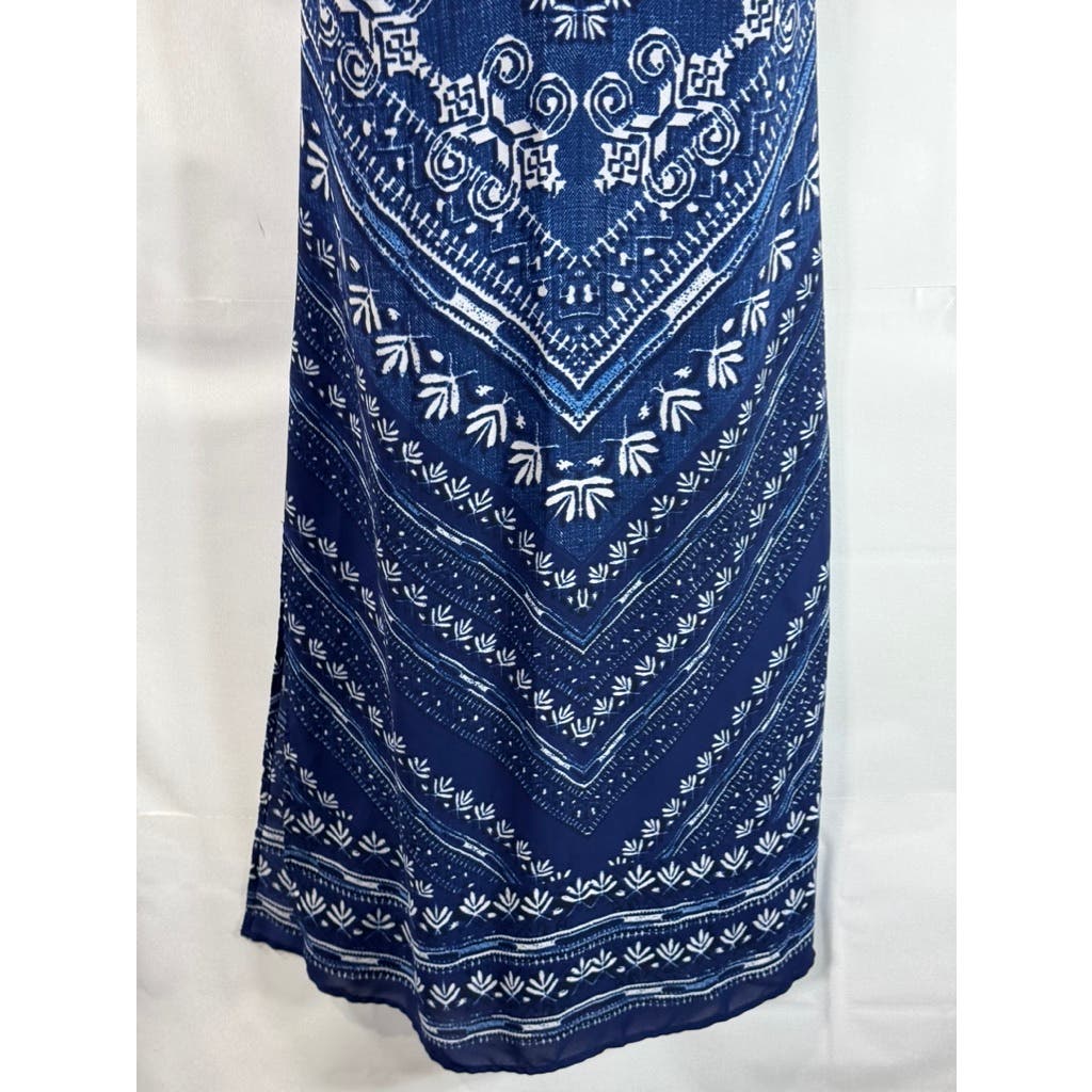 LAUNDRY BY DESIGN Women's Blue Printed Lace-Up V-Neck Pullover Maxi Dress SZ 4