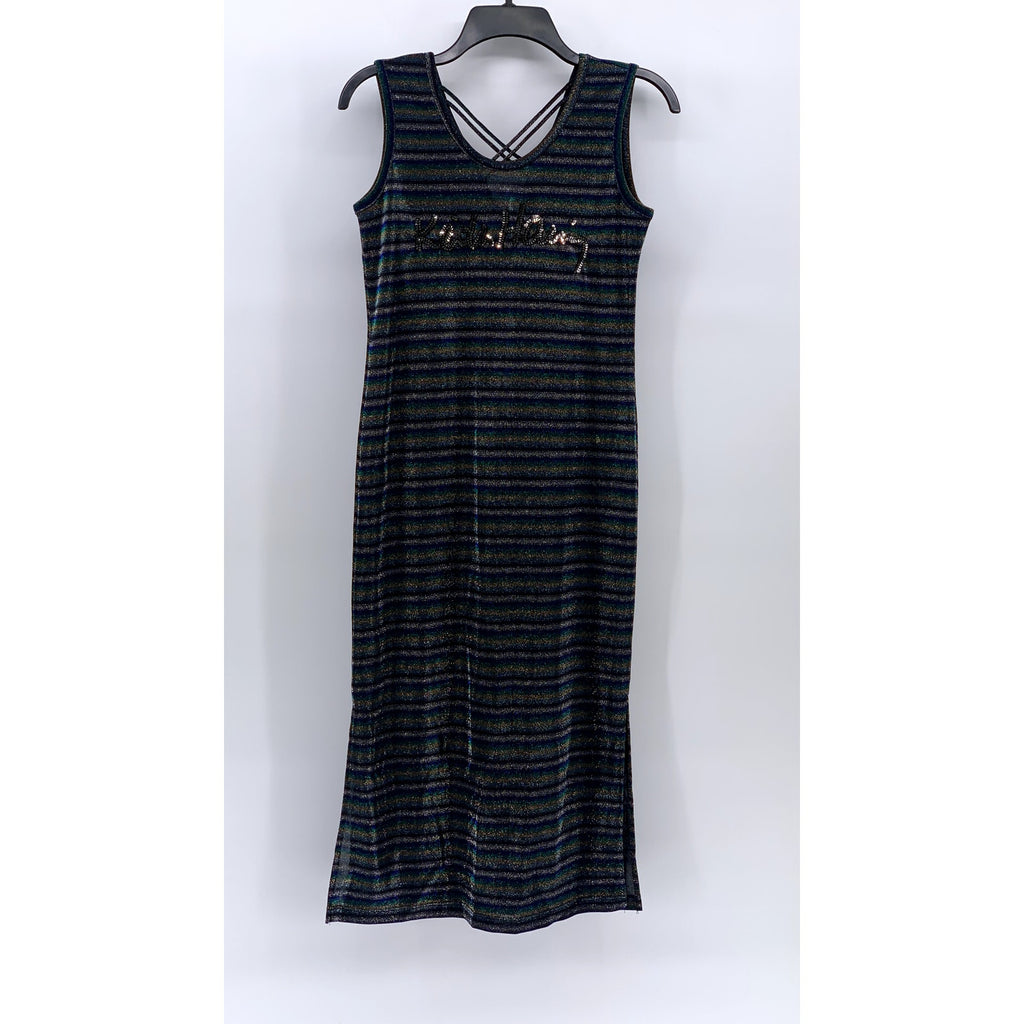 KEITH HARING By GGPX Women's Black-Multi Striped Metallic V-Neck Midi Dress SZ S