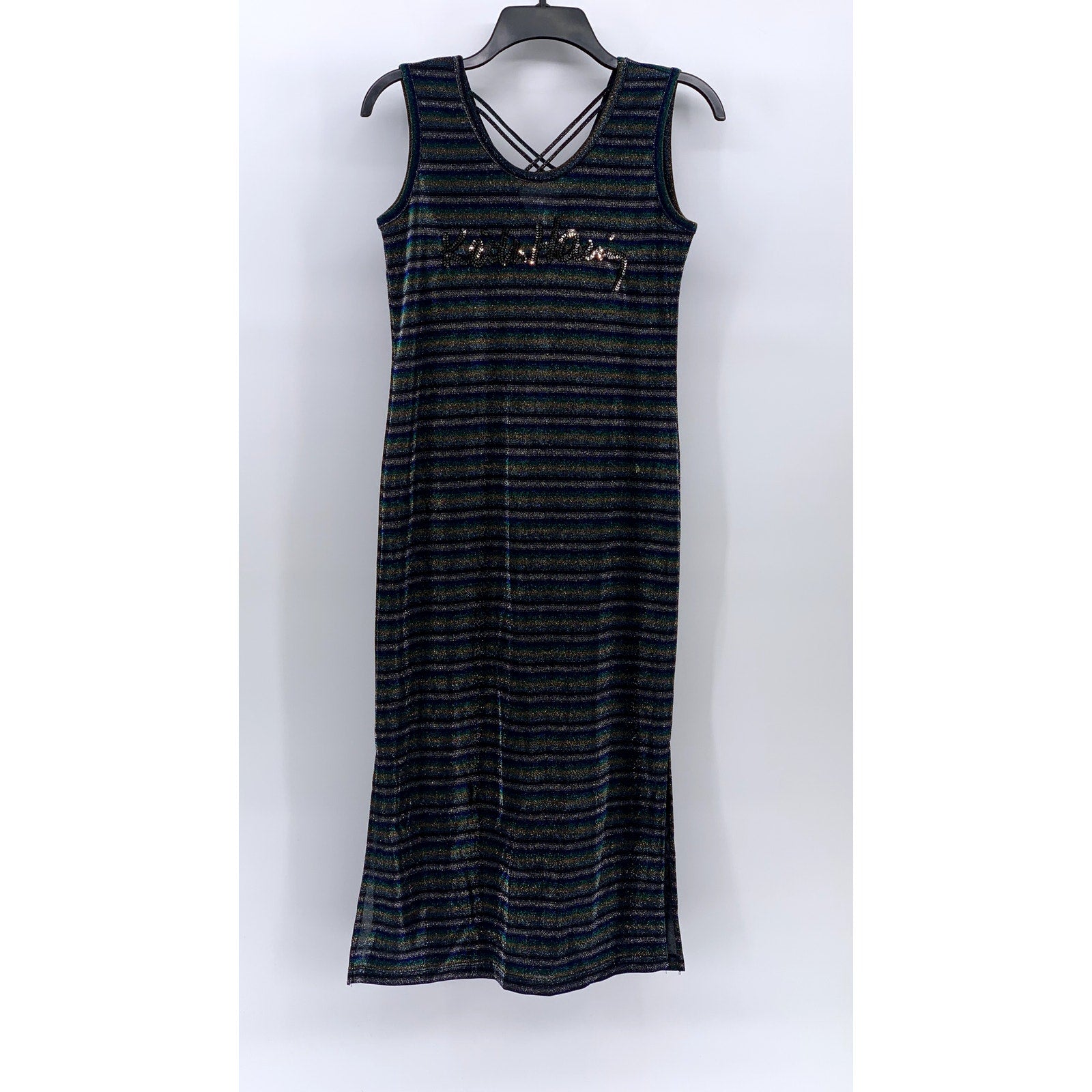 KEITH HARING By GGPX Women's Black-Multi Striped Metallic V-Neck Midi Dress SZ S