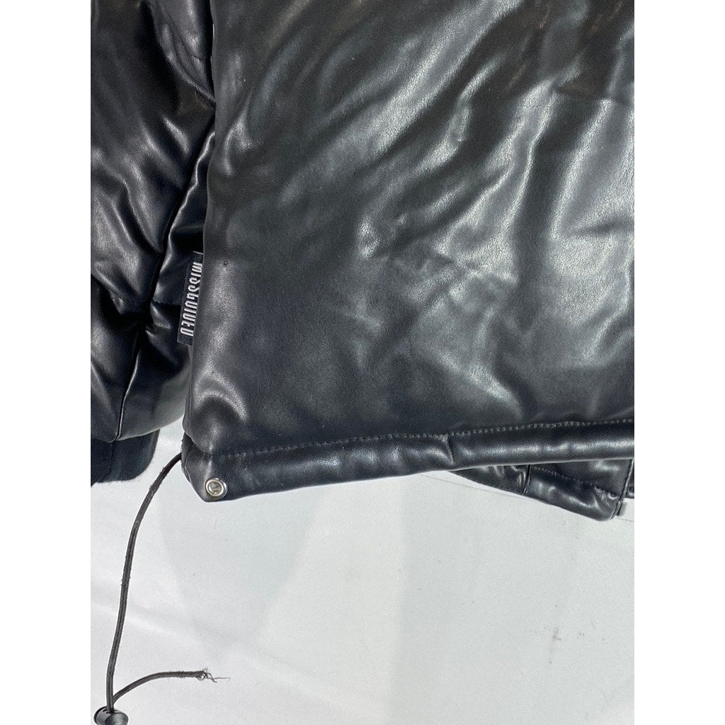 MISSGUIDED Women's Black Faux-Leather Mock-Neck Double-Closure Puffer Jacket SZ2