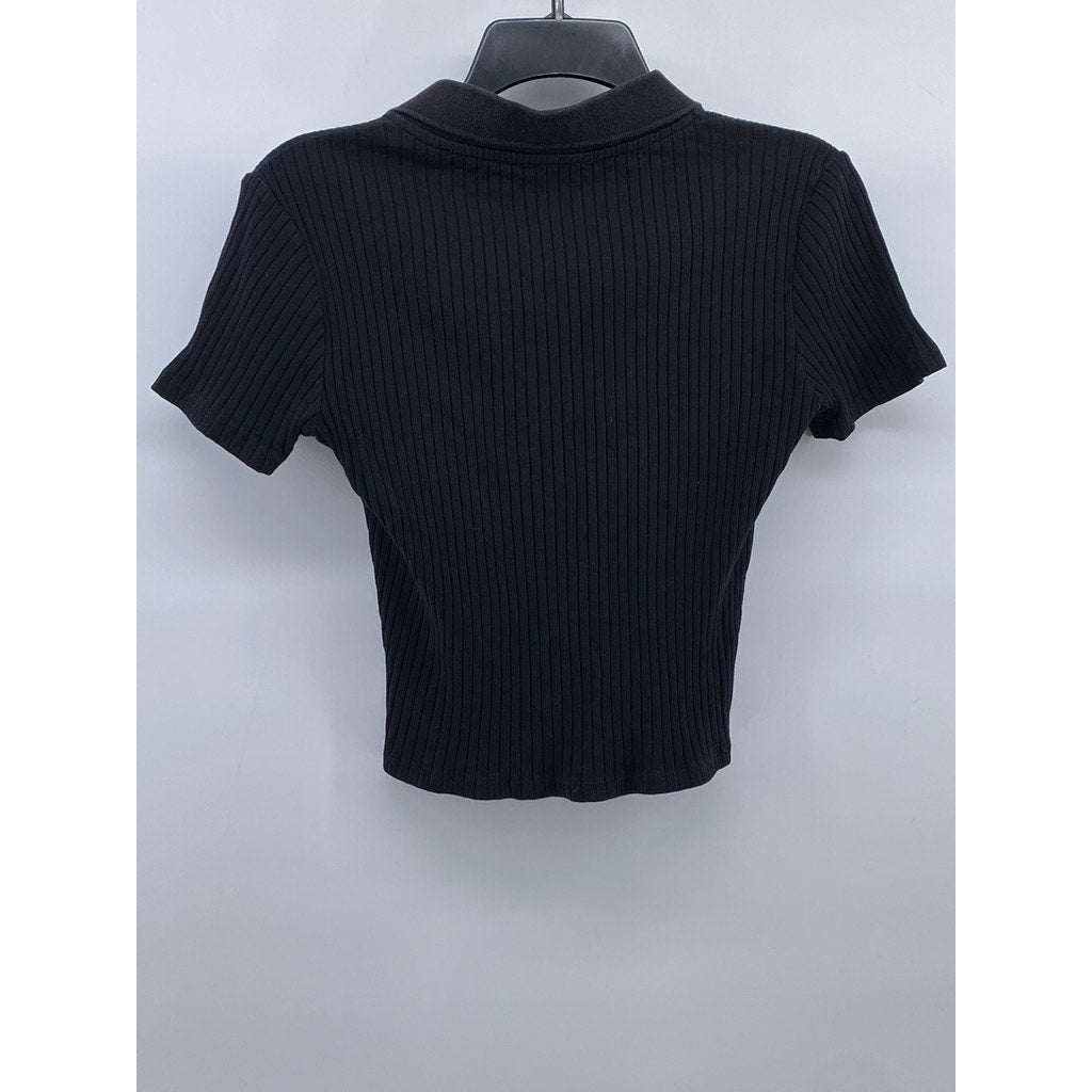 UNBRANDED Women's Black Ribbed Short Sleeve Cropped Polo Top SZ XS