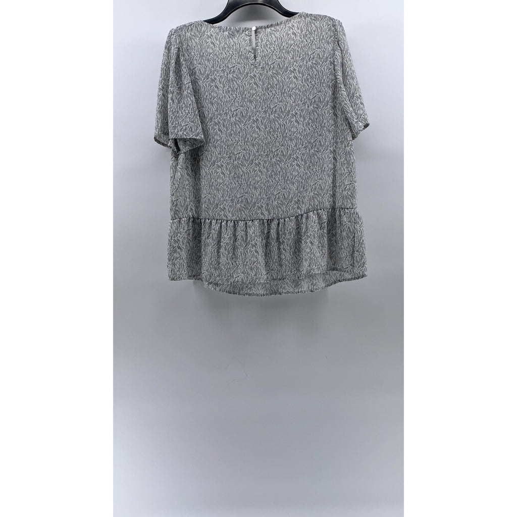 APT. 9 Women's White-Black Printed Crewneck Short Sleeve Ruffle-Hem Top SZ M