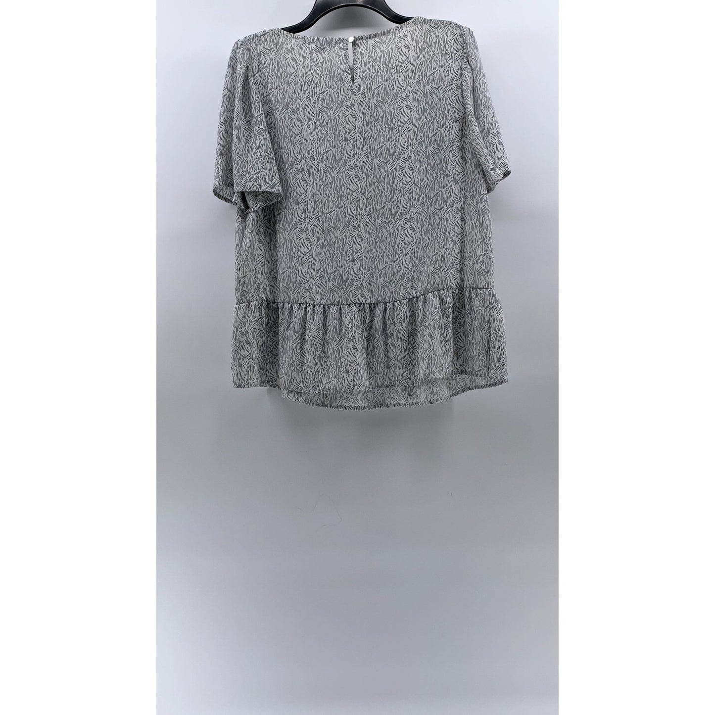 APT. 9 Women's White-Black Printed Crewneck Short Sleeve Ruffle-Hem Top SZ M