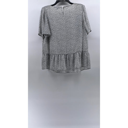 APT. 9 Women's White-Black Printed Crewneck Short Sleeve Ruffle-Hem Top SZ M