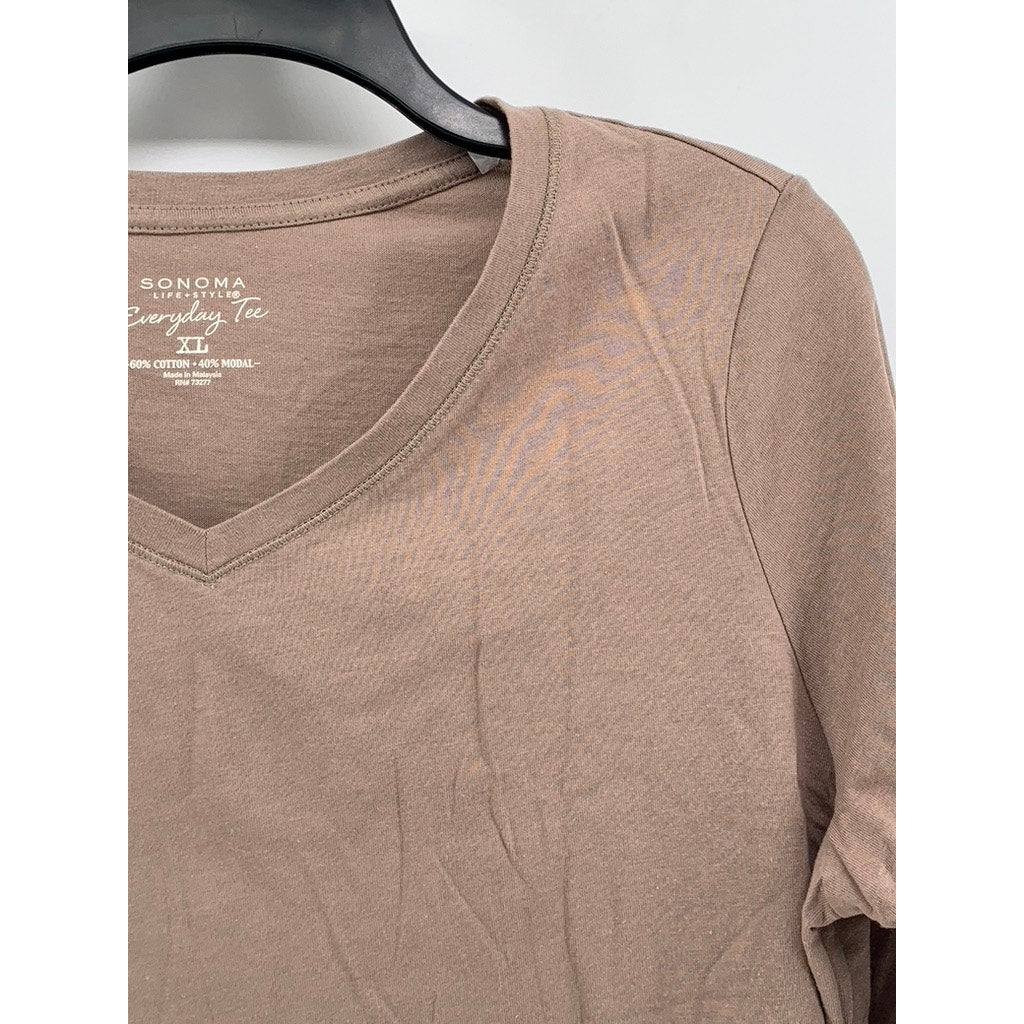 SONOMA GOODS FOR LIFE Women's Brown V-Neck Everyday Long Sleeve Tee SZ XL